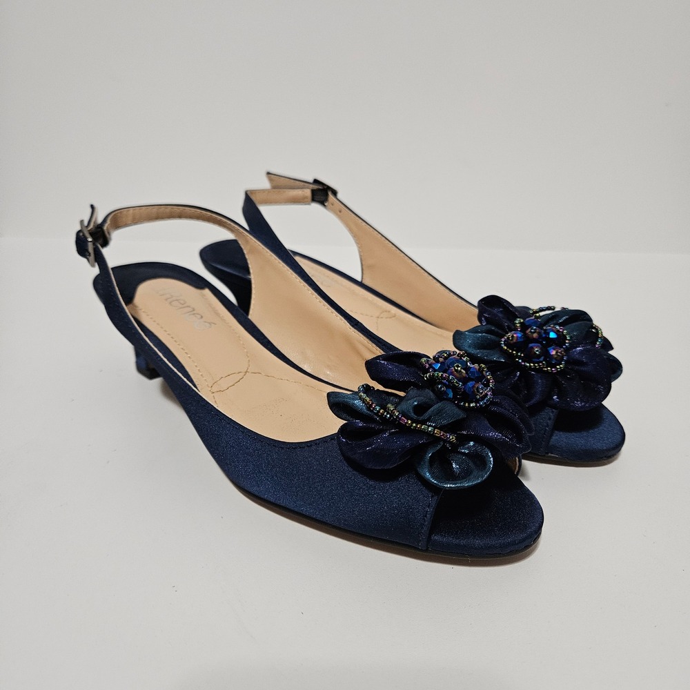 J. Renee Slingback Kitten Heels 7N Open Toe Blue Satin Floral Beaded Formal Hoco